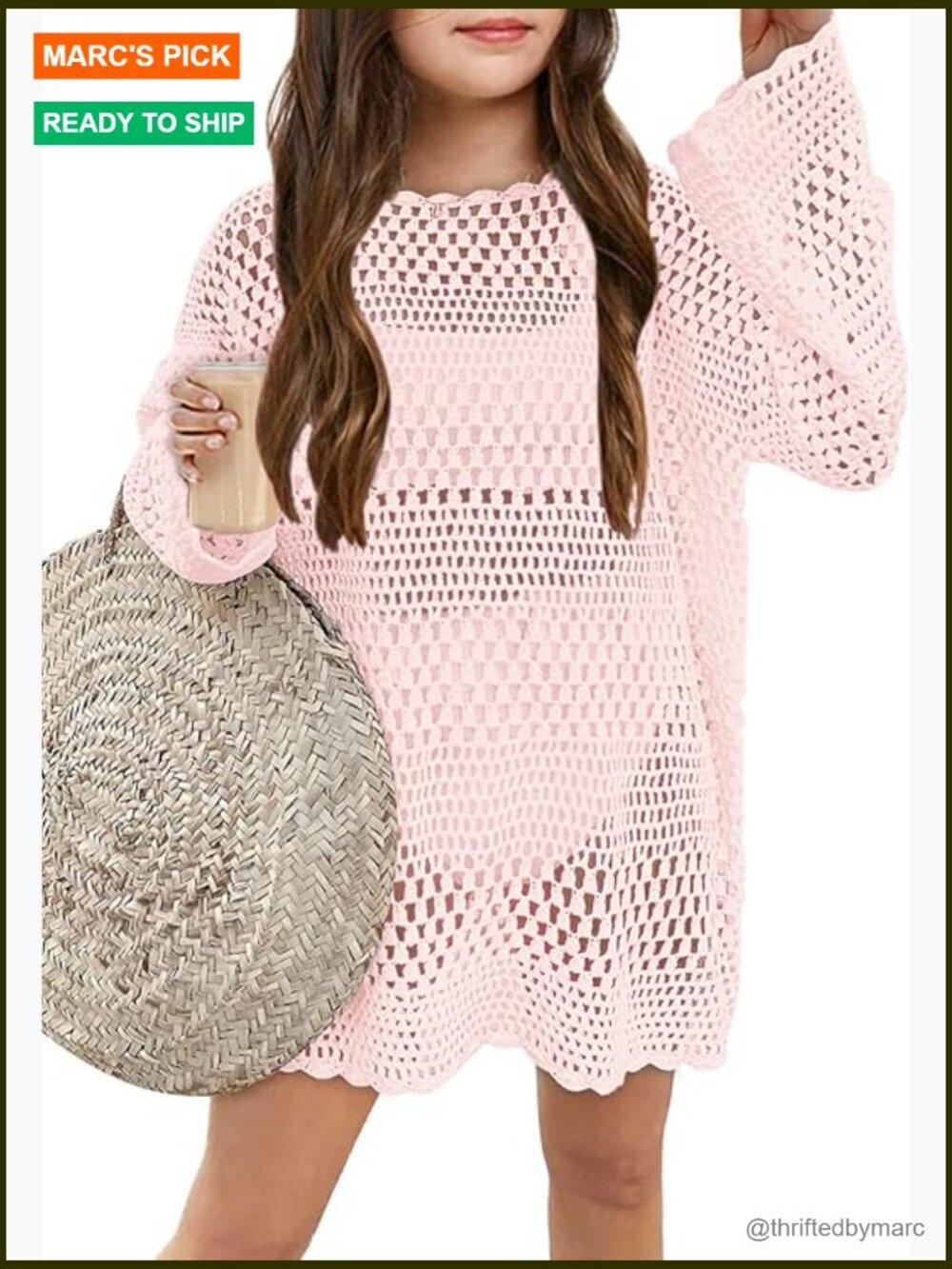 Girls Long Sleeve Crochet Beach Cover Up Dress 5-14